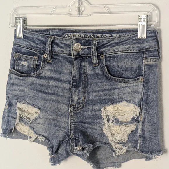 American Eagle Hi Rise Shortie Shorts 0 Distressed Next Level Stretch Women Lace - Picture 6 of 16